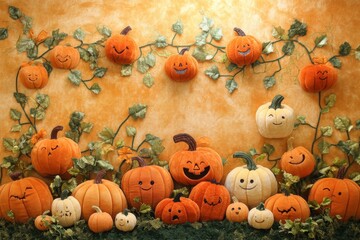 Wall Mural - A wall of pumpkins with faces on them