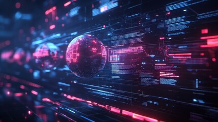 Wall Mural - digital globe with neon lights and data futuristic technology background