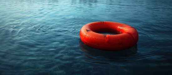 Wall Mural - Orange Lifebuoy Floating on Blue Water