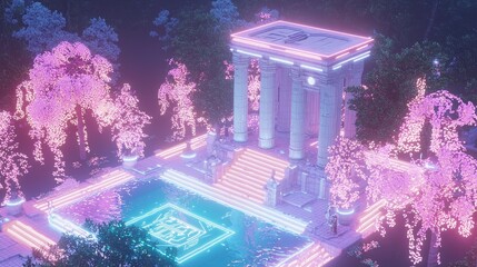 Canvas Print - Neon Glow Ancient Temple with Pink Trees and Pool