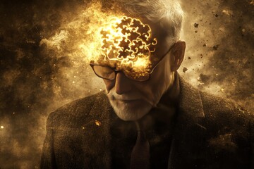 Sticker - Golden toned portrait of an elderly man with a glowing brain symbolizing wisdom memory and the richness of experience accumulated over a lifetime