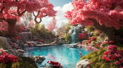 Poster - Serene Waterfall Pond with Blooming Flowers in a Spring Landscape