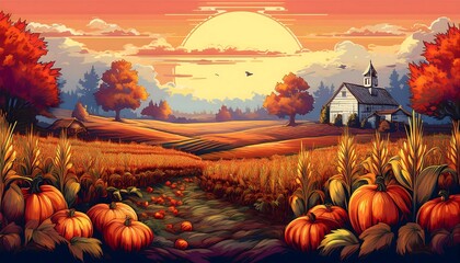 Wall Mural - Pixelated Autumn Field Landscape - pixel art scene of an autumn farmers field with crops ready for harvesting. Game design poster. Graphic art 8 bit illustration