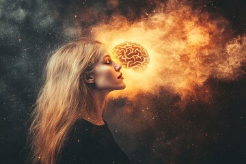 Canvas Print - A woman engulfed in fiery thoughts with a glowing brain symbolizing intense passion creative drive and the transformative power of ideas in an abstract energetic visual narrative