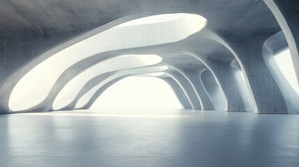 3D rendering of an abstract futuristic architectural space featuring a vacant concrete floor ideal for vehicle showcases