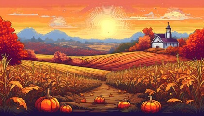 Wall Mural - Pixelated Autumn Field Landscape - pixel art scene of an autumn farmers field with crops ready for harvesting. Game design poster. Graphic art 8 bit illustration. Ai Generated