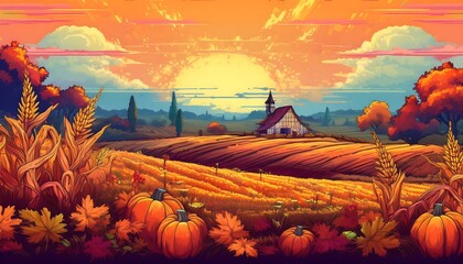 Wall Mural - Pixelated Autumn Field Landscape - pixel art scene of an autumn farmers field with crops ready for harvesting. Game design poster. Graphic art 8 bit illustration banner