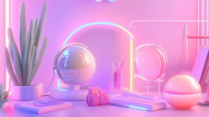 Poster - Neon Lights and Geometric Shapes on Pink Background