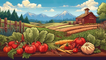 Wall Mural - Summer Vegetables - 16-bit pixel art scene of a vibrant summer farm field with various vegetables and farmer house. Game design poster. Graphic art 8 bit illustration