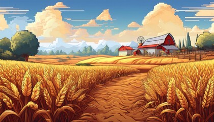 Wall Mural - Golden Harvest Pixelated Field - 16-bit pixel art scene of a ripe farmers field ready for harvesting with barn behind. Game design poster. Graphic art 8 bit illustration