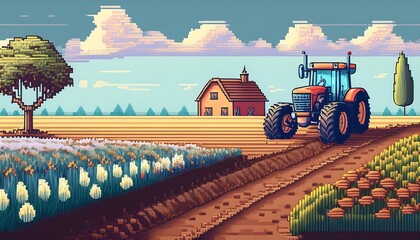 Wall Mural - Golden Harvest Pixelated Field - 16-bit pixel art scene of a ripe farmers field ready for harvesting with house and tractor behind. Game design poster. Graphic art 8 bit illustration