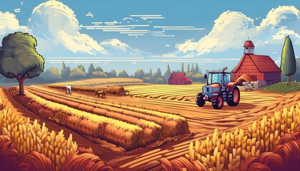 Wall Mural - Golden Harvest Pixelated Field - 16-bit pixel art scene of a ripe farmers field ready for harvesting with barn and tractor behind. Game design poster. Graphic art 8 bit illustration