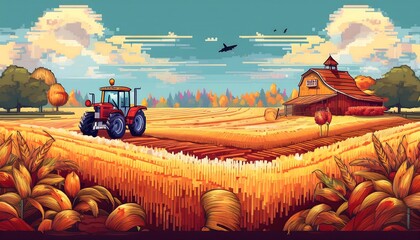 Wall Mural - Golden Harvest Pixelated Field - 16-bit pixel art scene of a ripe farmers field ready for harvesting with house and tractor behind. Game design poster. Graphic art 8 bit illustration. Ai Generated