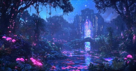 Wall Mural - Magical Fantasy Forest with Glowing River and Ancient Ruins