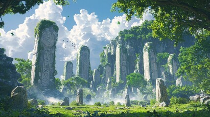 Canvas Print - Ancient Stone Pillars in Lush Green Forest with Cloudy Sky