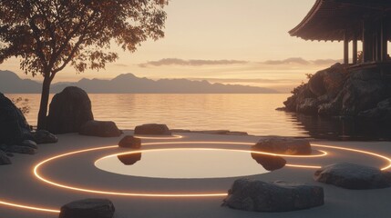 Canvas Print - Zen Garden with glowing light and water reflection at sunset