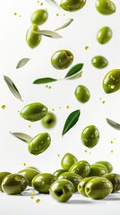 Wall Mural - Green Olives Falling Across an Isolated White Background, Ripe Food and Culinary Studio Action Photography Harvest Backdrop, Restaurant Menu Wallpaper Cookbook Recipe Ingredient, Farm Fresh Design