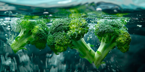 Several branches of broccoli, under water