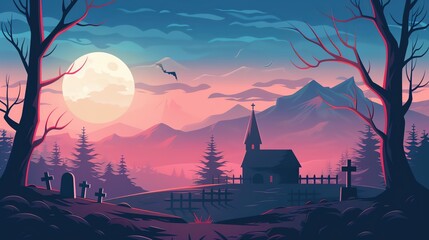 Phantom banshee wailing over a graveyard, Halloween night, flat design illustration