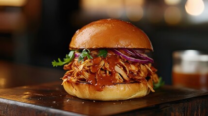 Close-up of a Pulled Pork Sandwich with Red Onion and Parsley on a Wooden Board