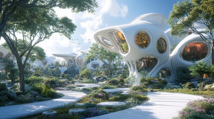 Poster - Futuristic Architecture and Lush Garden with Curved Pathways