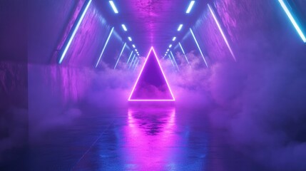 3D rendering of a neon glowing smoke triangle pyramid in a purple and blue futuristic corridor featuring reflective grunge walls and vibrant fluorescent lasers