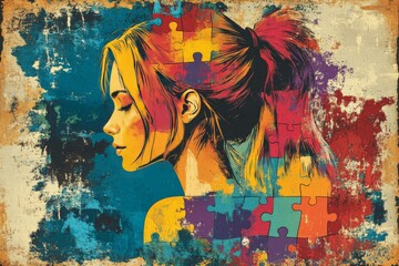 Wall Mural - A vibrant pop art style illustration of a woman’s face integrated with colorful puzzle pieces symbolizing the complexities of identity mental health and the multifaceted nature of human thought