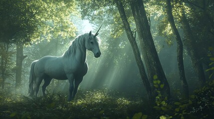 Sticker - A White Unicorn Stands in a Misty Forest