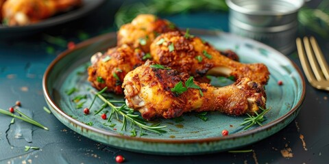 Wall Mural - Chicken leg served on a green dish