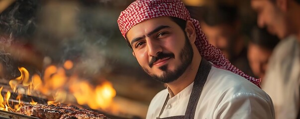 Wall Mural - Portrait of a Chef in a Traditional Arabic Headscarf, Grilling Meat on a Fire