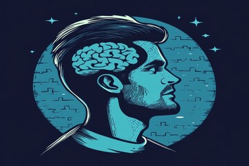 Canvas Print - Abstract vector illustration of a man with a brain puzzle symbolizing the mental challenges of understanding and the intricate nature of thought