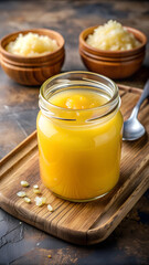 Ghee or clarified butter in a glass jar on a table