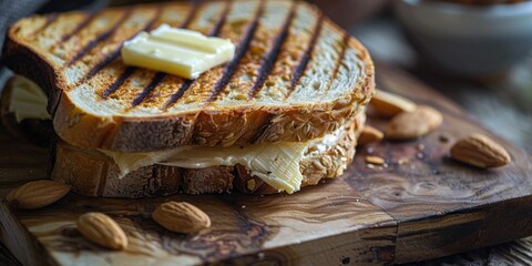 Wall Mural - Almond flour panini bread suitable for a gluten-free diet, accompanied by butter on a wooden board for the morning meal.