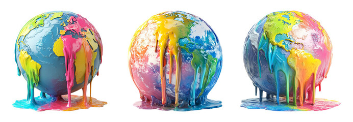 Colorful dripping globes representing Earth isolated on transparent background