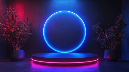 Wall Mural - A blue and red neon lighted circle is on a stage