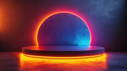 Wall Mural - A large, glowing, neon orange circle is the focal point of the image