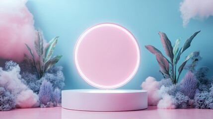 Wall Mural - A pink circle is on a white pedestal in front of a green plant