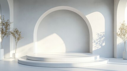 Wall Mural - A white room with a white archway and a white stage