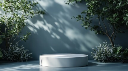 Wall Mural - A white pedestal with a green background and a tree in the foreground