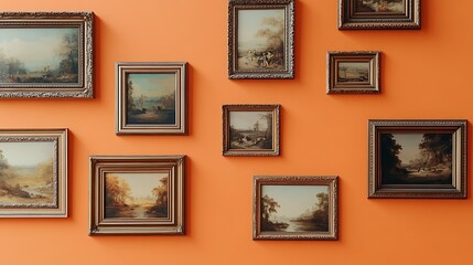 Vintage Bronze Picture Frames with Classic Artwork on Orange Background - Elegant Home Decor Display