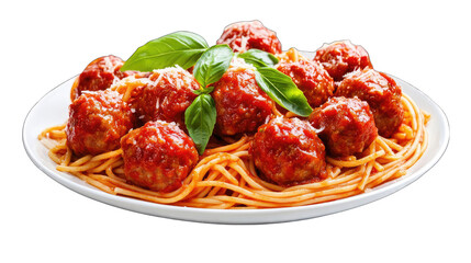 Spaghetti and meatballs with tomato sauce and basil. Isolated