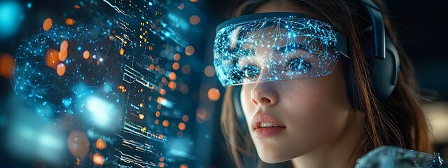 AI cyber security concept. Female IT Computer specialist analyzing artificial intelligence digital threats to consumer data & privacy breach. Software developer coding & ethical hacking in dark office