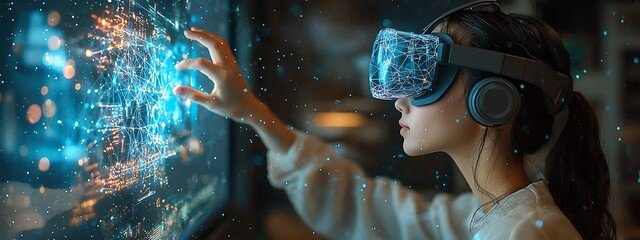 AI cyber security concept. Female IT Computer specialist analyzing artificial intelligence digital threats to consumer data & privacy breach. Software developer coding & ethical hacking in dark office