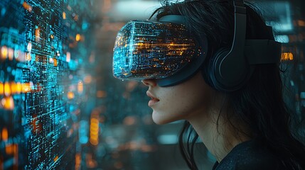 AI cyber security concept. Female IT Computer specialist analyzing artificial intelligence digital threats to consumer data & privacy breach. Software developer coding & ethical hacking in dark office