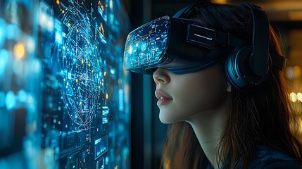 AI cyber security concept. Female IT Computer specialist analyzing artificial intelligence digital threats to consumer data & privacy breach. Software developer coding & ethical hacking in dark office