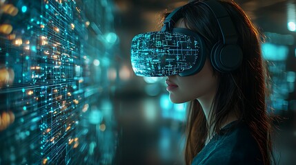AI cyber security concept. Female IT Computer specialist analyzing artificial intelligence digital threats to consumer data & privacy breach. Software developer coding & ethical hacking in dark office