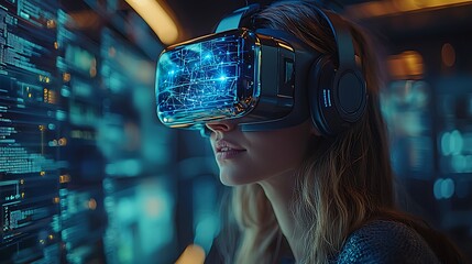 AI cyber security concept. Female IT Computer specialist analyzing artificial intelligence digital threats to consumer data & privacy breach. Software developer coding & ethical hacking in dark office