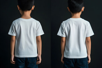 Wall Mural - Confident Asian child modeling plain white t-shirt mock-up front and back view on solid black background