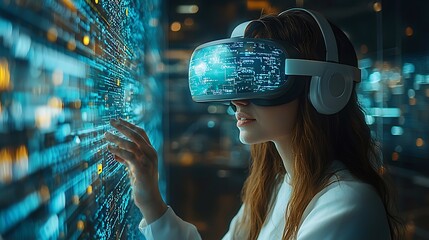 AI cyber security concept. Female IT Computer specialist analyzing artificial intelligence digital threats to consumer data & privacy breach. Software developer coding & ethical hacking in dark office