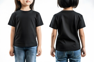 Wall Mural - Confident Asian child wearing black t-shirt mock-up front and back view on clean white background